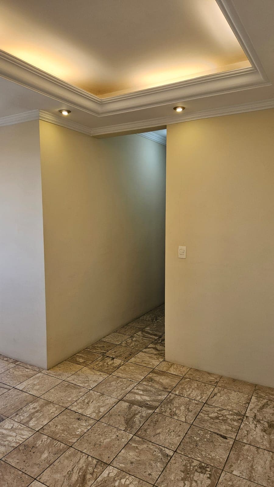Sala ampla com piso em tom terroso, sanca iluminada e acesso ao corredor de circulação.
